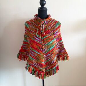 Colorful Knit Poncho with Fringe
